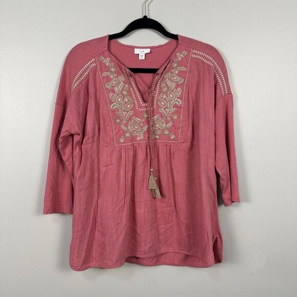 J. Jill Tops - J. Jill Womens V-Neck Long Sleeve Tunic Blouse Pink Embroidered Medium Petite